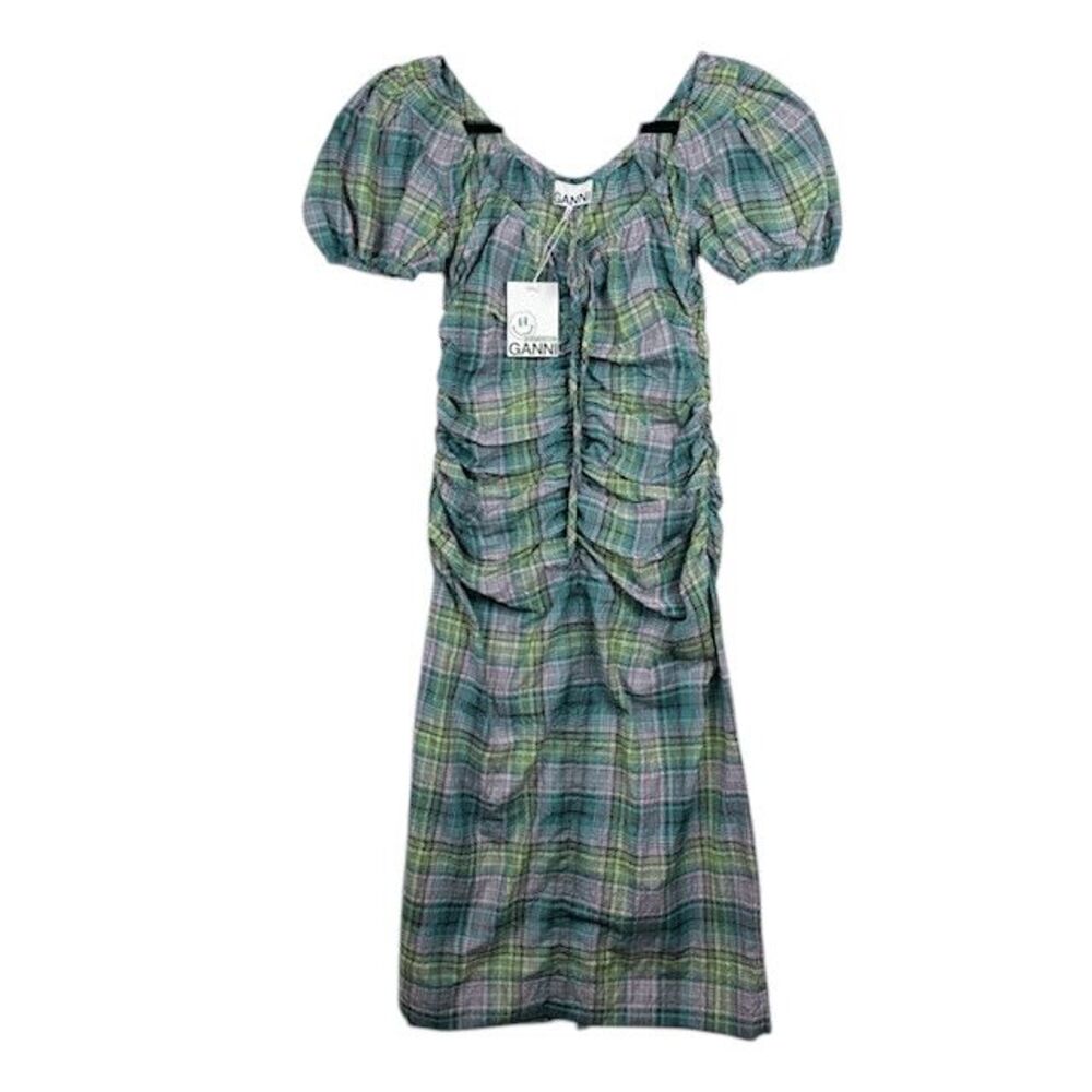 NWT GANNI Checked Seersucker Midi Dress in Lagoon Green Purple Size Small (36) - Picture 3 of 16